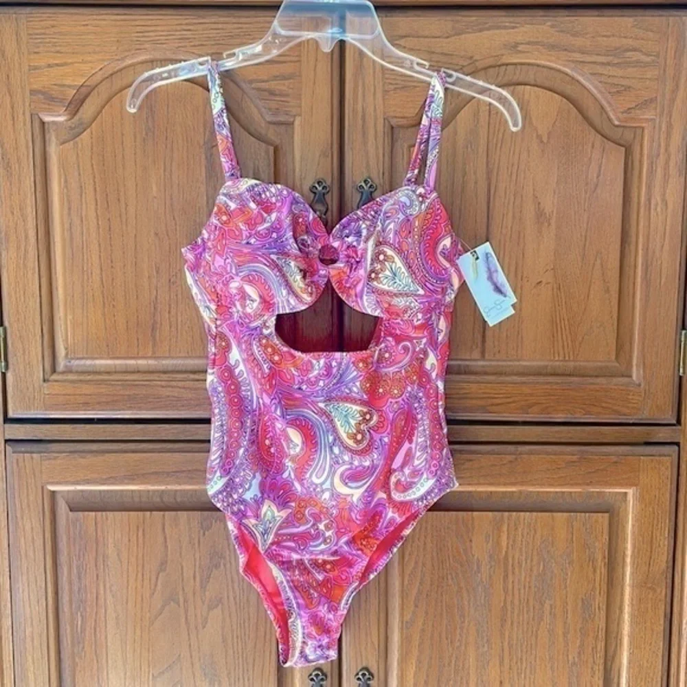 Brand New Jessica Simpson Paisley Flower Child O-Ring Cutout One-Piece Swimsuit